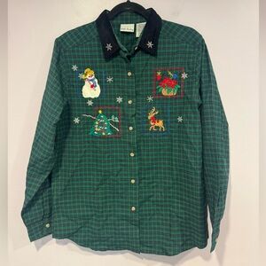 Bobbie Brooks Green Plaid Holiday embroidered Christmas Shirt